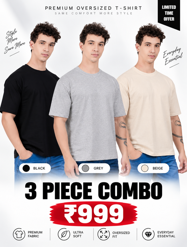 Pack of 3 Oversized T-Shirts for Men – Soft Cotton Combo Set (Black,Gray,Beige)