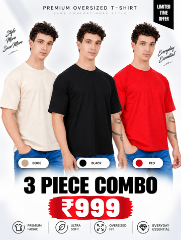 Pack of 3 Oversized T-Shirts for Men – Soft Cotton Combo Set (Beige,Black,Red)