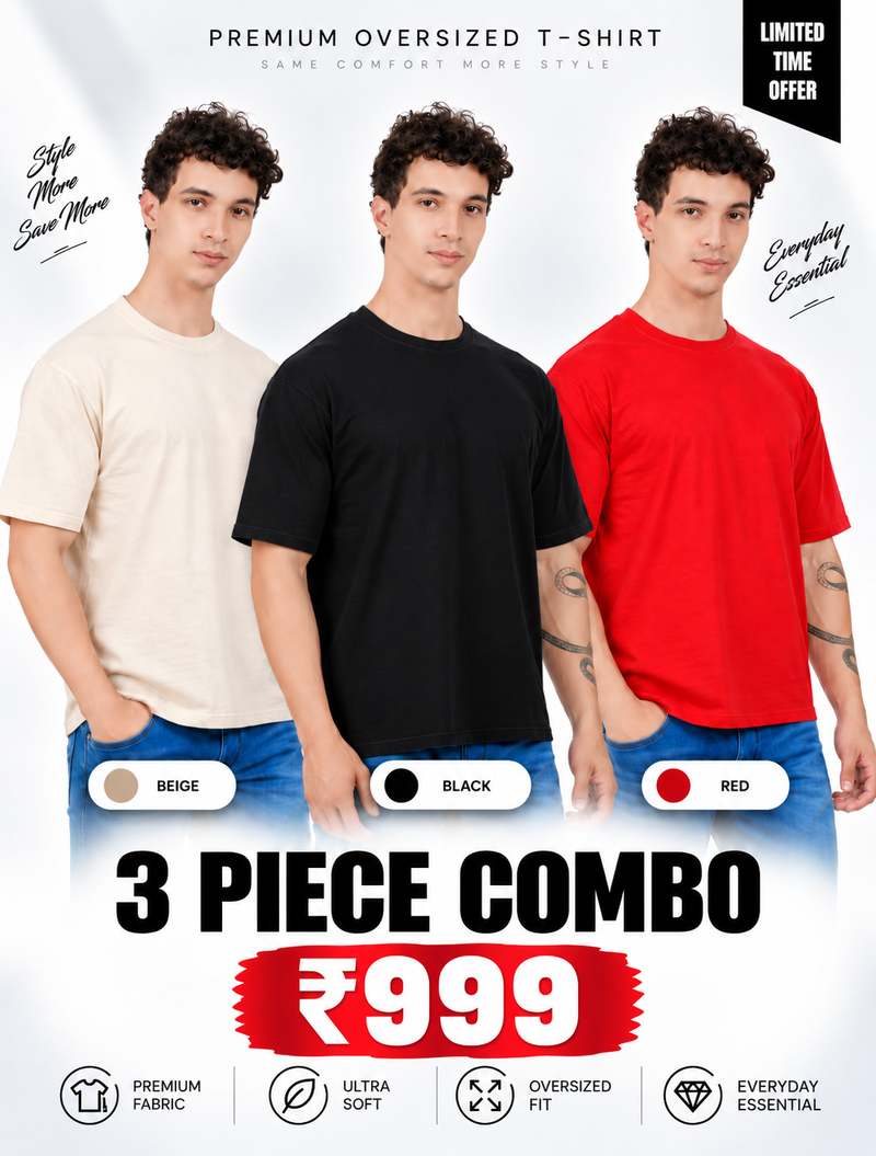 Pack of 3 Oversized T-Shirts for Men – Soft Cotton Combo Set (Beige,Black,Red)