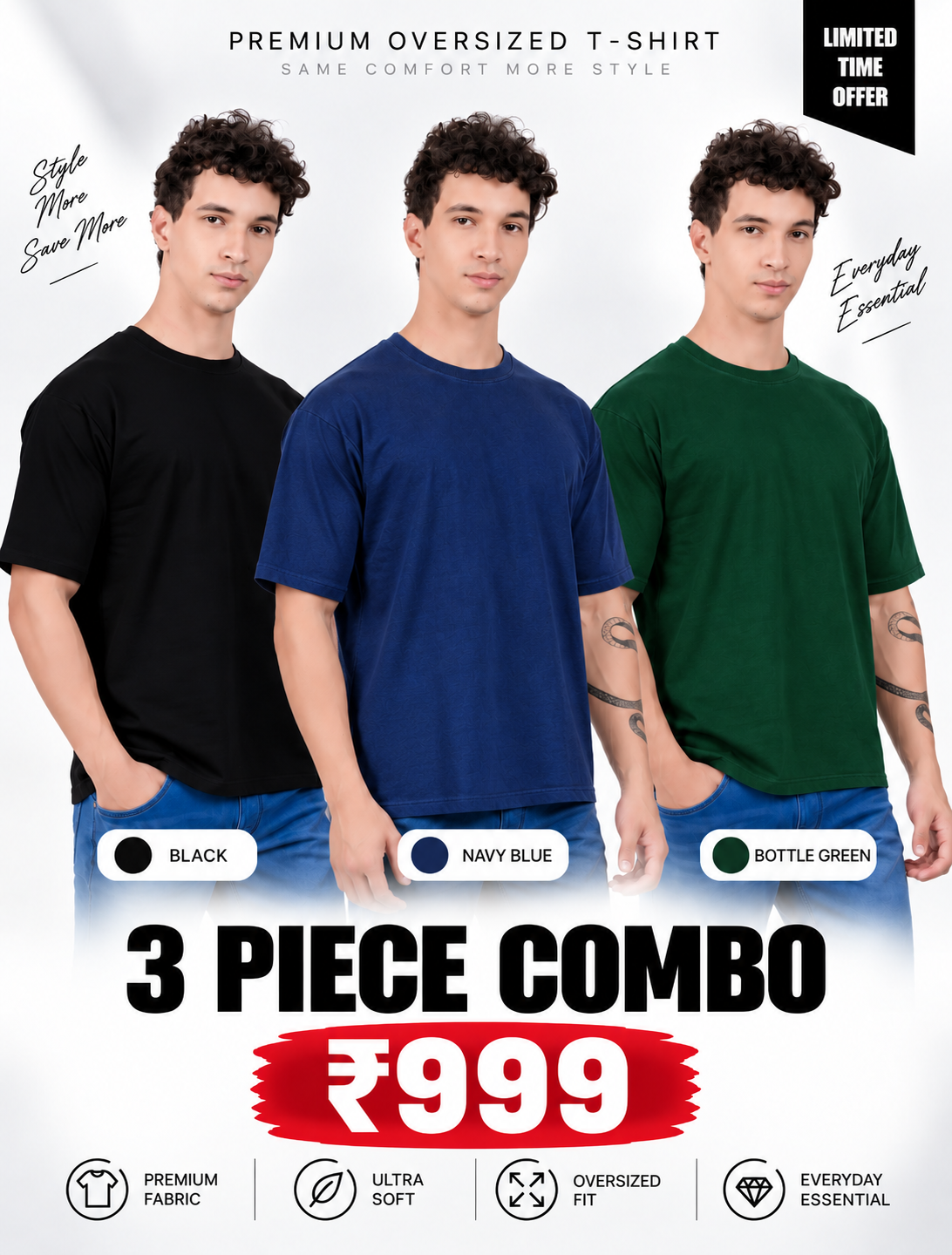 Pack of 3 Oversized T-Shirts for Men – Soft Cotton Combo Set (Black,Blue,Green)