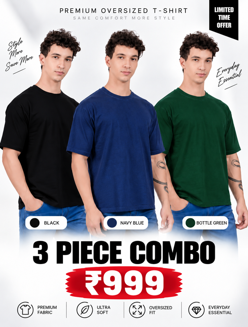 Pack of 3 Oversized T-Shirts for Men – Soft Cotton Combo Set (Black,Blue,Green)