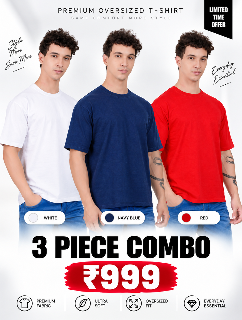 Pack of 3 Oversized T-Shirts for Men – Soft Cotton Combo Set (White,Blue,Red)