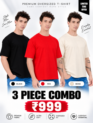 Pack of 3 Oversized T-Shirts for Men – Soft Cotton Combo Set (Black,Red,Beige)