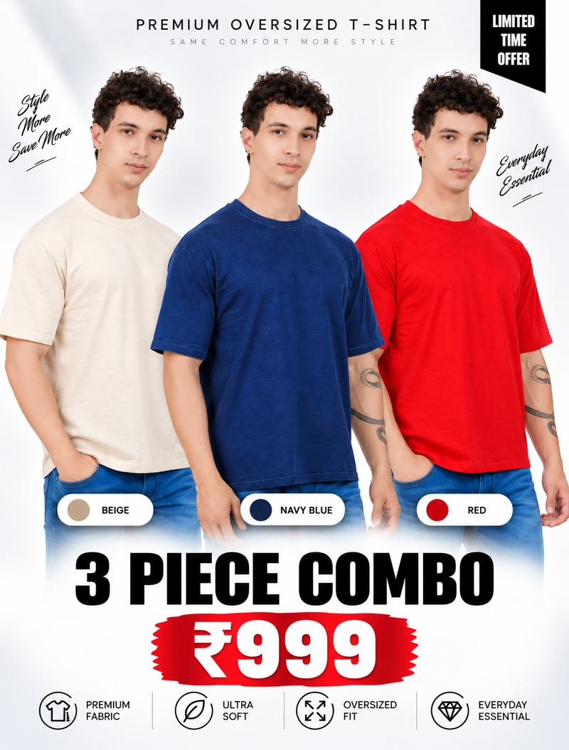 Pack of 3 Oversized T-Shirts for Men – Soft Cotton Combo Set (Beige,Blue,Red)