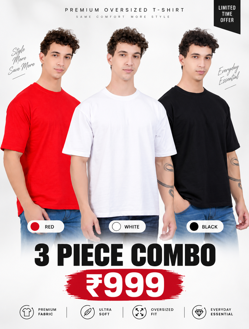 Pack of 3 Oversized T-Shirts for Men – Soft Cotton Combo Set (Red,White,Black)