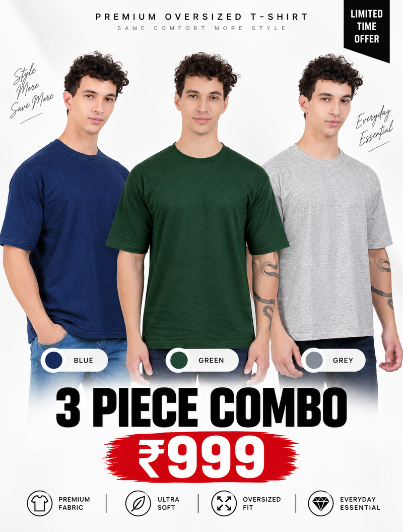 Pack of 3 Oversized T-Shirts for Men – Soft Cotton Combo Set (Blue,Green,Gray)