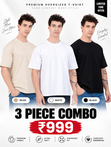 Pack of 3 Oversized T-Shirts for Men – Soft Cotton Combo Set (Beige,White,Black)