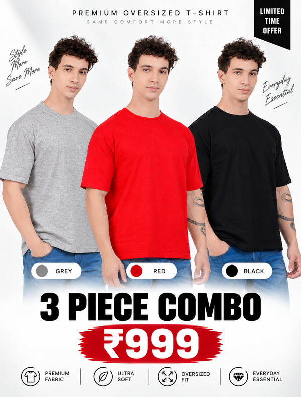Pack of 3 Oversized T-Shirts for Men – Soft Cotton Combo Set (Gray,Red,Black)