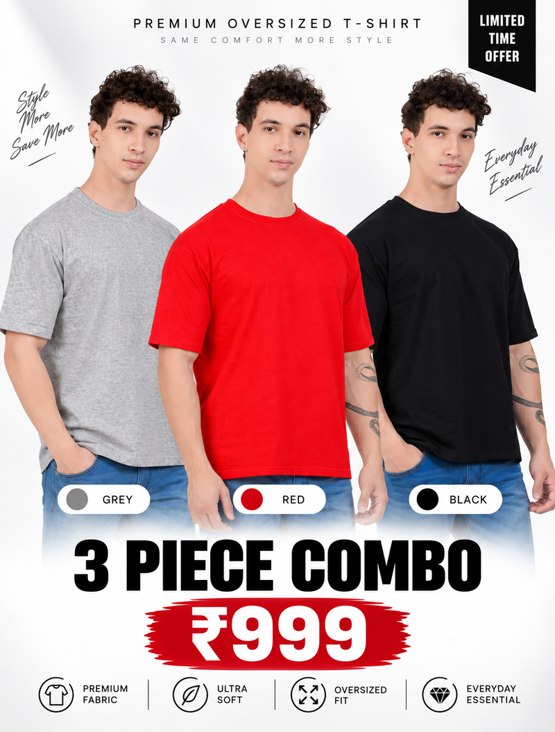 Pack of 3 Oversized T-Shirts for Men – Soft Cotton Combo Set (Gray,Red,Black)