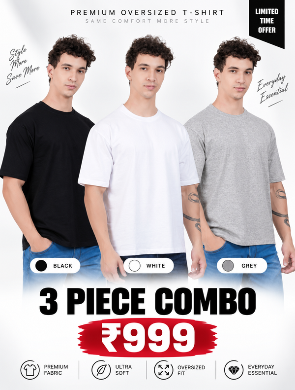 Pack of 3 Oversized T-Shirts for Men – Soft Cotton Combo Set (Black,White,Gray)