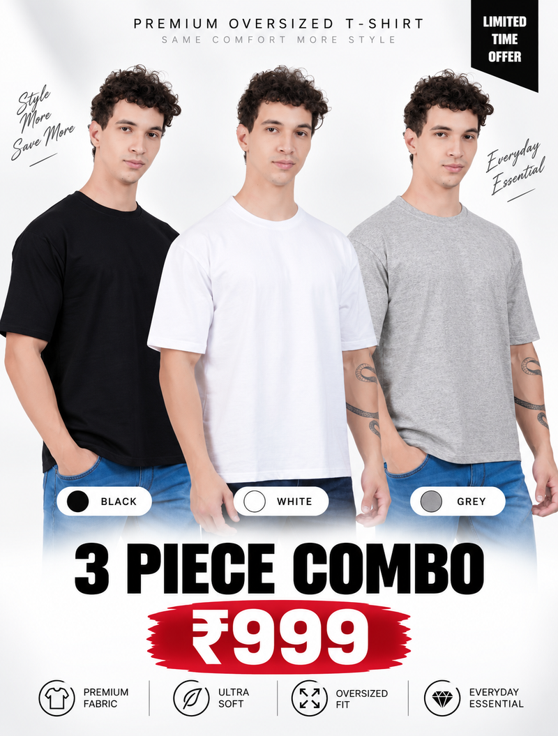 Pack of 3 Oversized T-Shirts for Men – Soft Cotton Combo Set (Black,White,Gray)