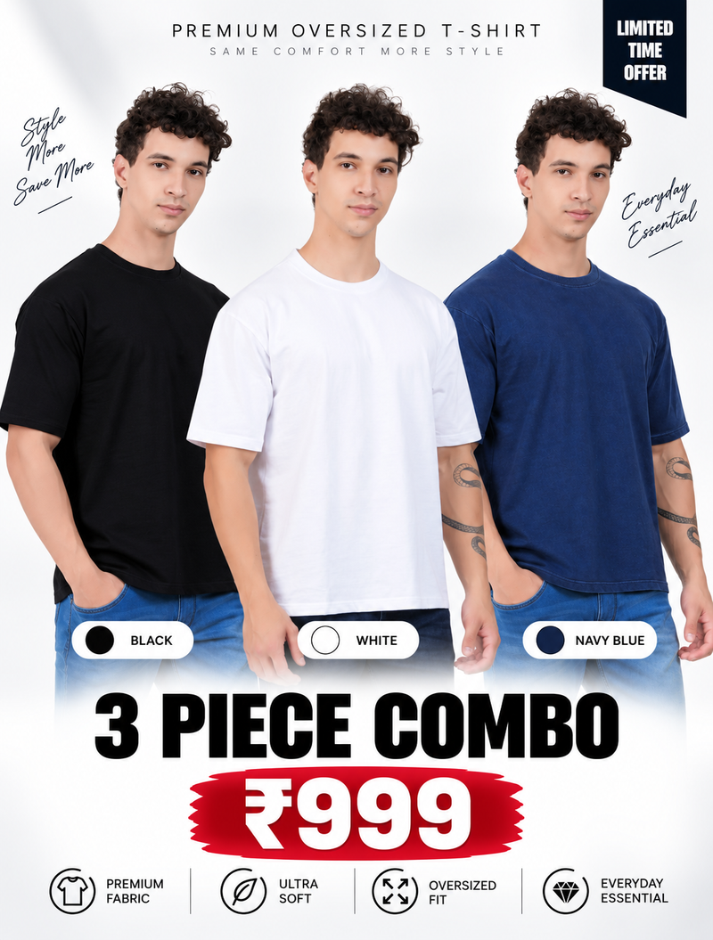 Pack of 3 Oversized T-Shirts for Men – Soft Cotton Combo Set (Black,White,Blue)