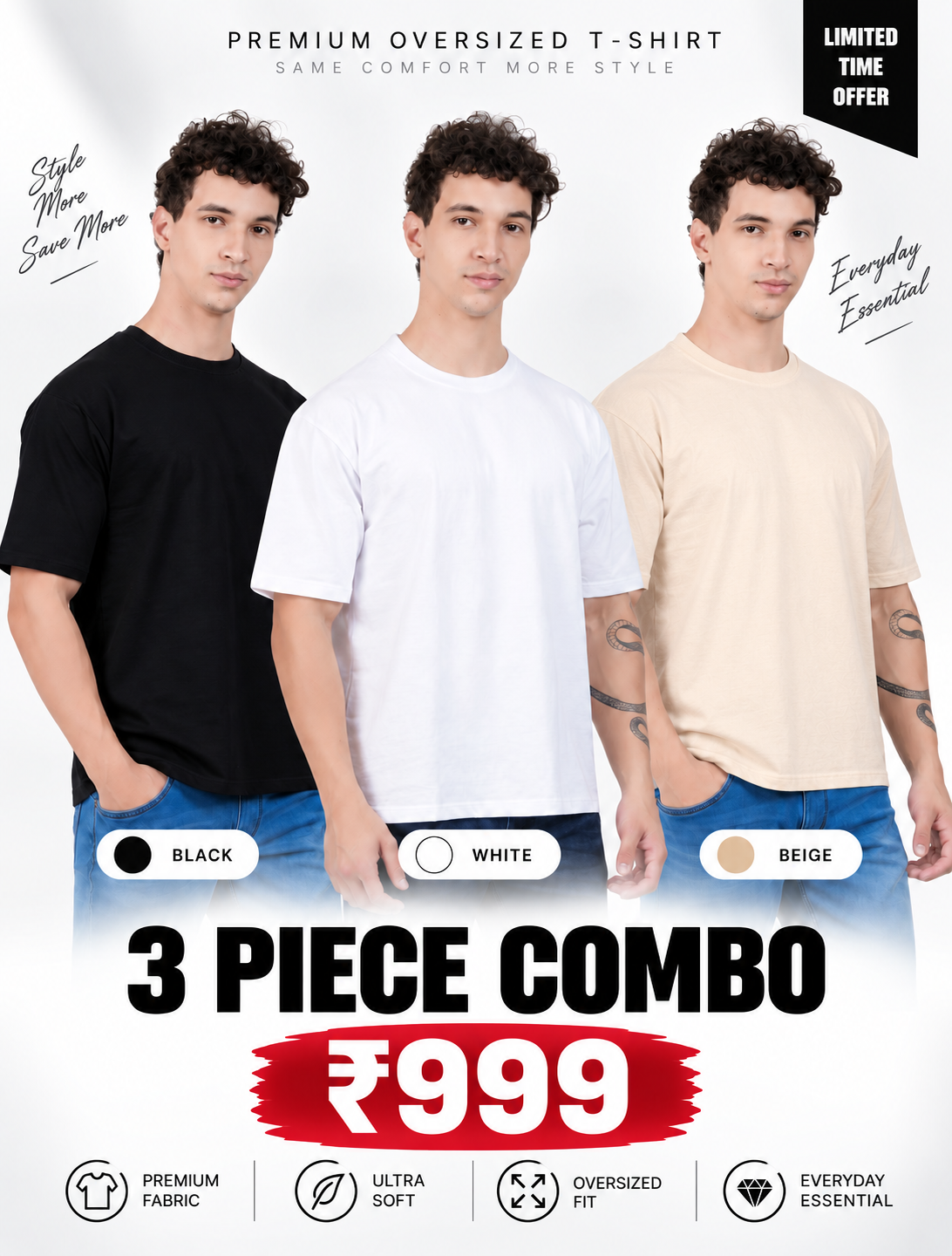 Pack of 3 Oversized T-Shirts for Men – Soft Cotton Combo Set (Black,White,Beige)
