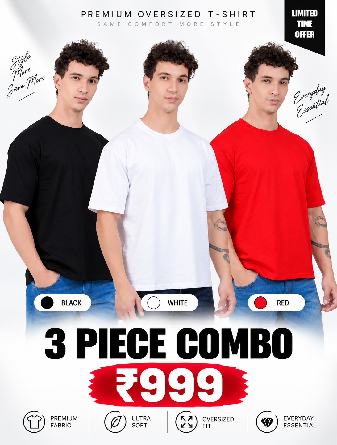 Pack of 3 Oversized T-Shirts for Men – Soft Cotton Combo Set (Black,White,Red)