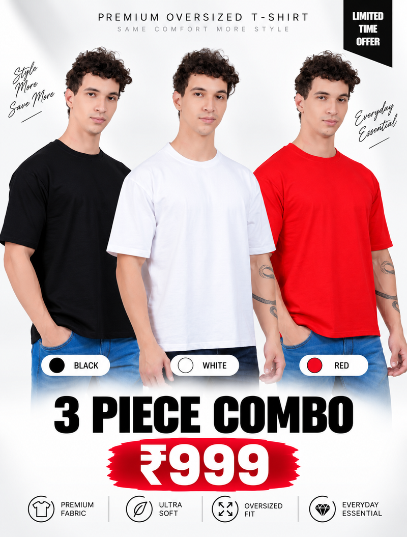 Pack of 3 Oversized T-Shirts for Men – Soft Cotton Combo Set (Black,White,Red)
