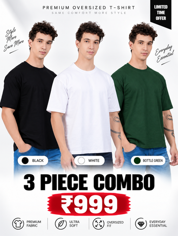 Pack of 3 Oversized T-Shirts for Men – Soft Cotton Combo Set (Black,White,Green)