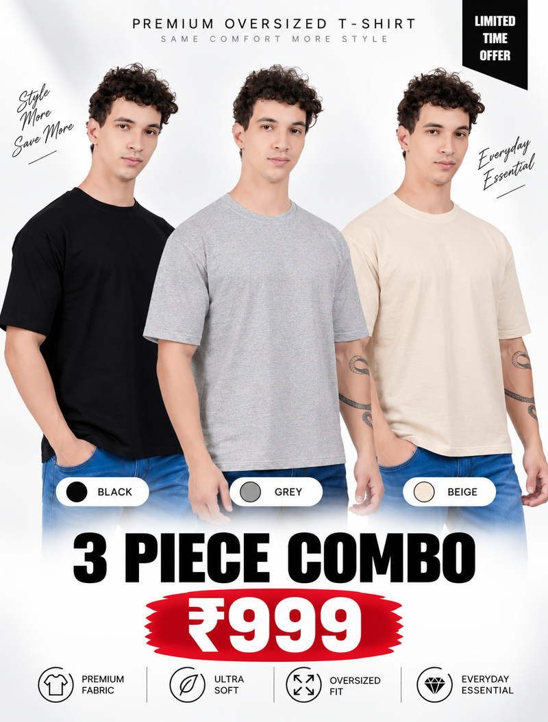 Pack of 3 Oversized T-Shirts for Men – Soft Cotton Combo Set (Black,Gray,Beige)