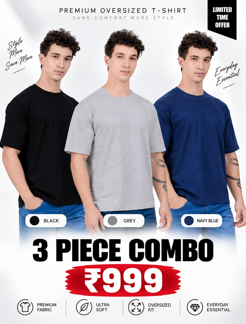 Pack of 3 Oversized T-Shirts for Men – Soft Cotton Combo Set (Black,Gray.Blue)