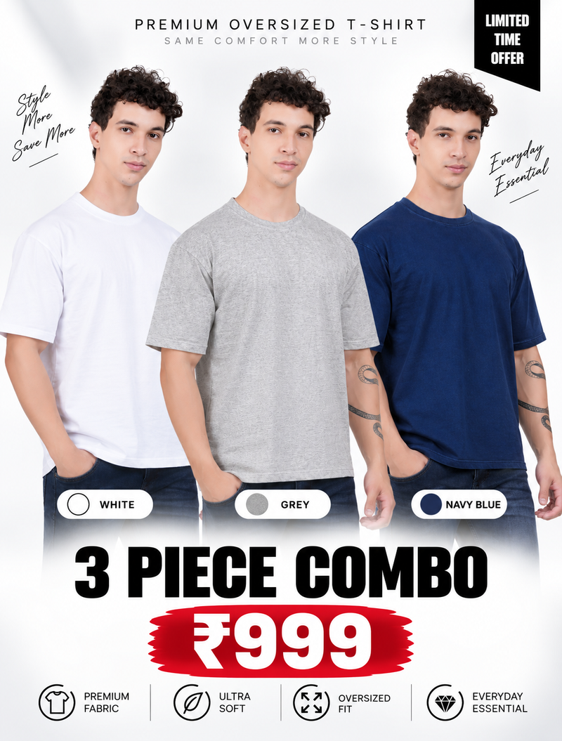 Pack of 3 Oversized T-Shirts for Men – Soft Cotton Combo Set (White,Gray,Blue)