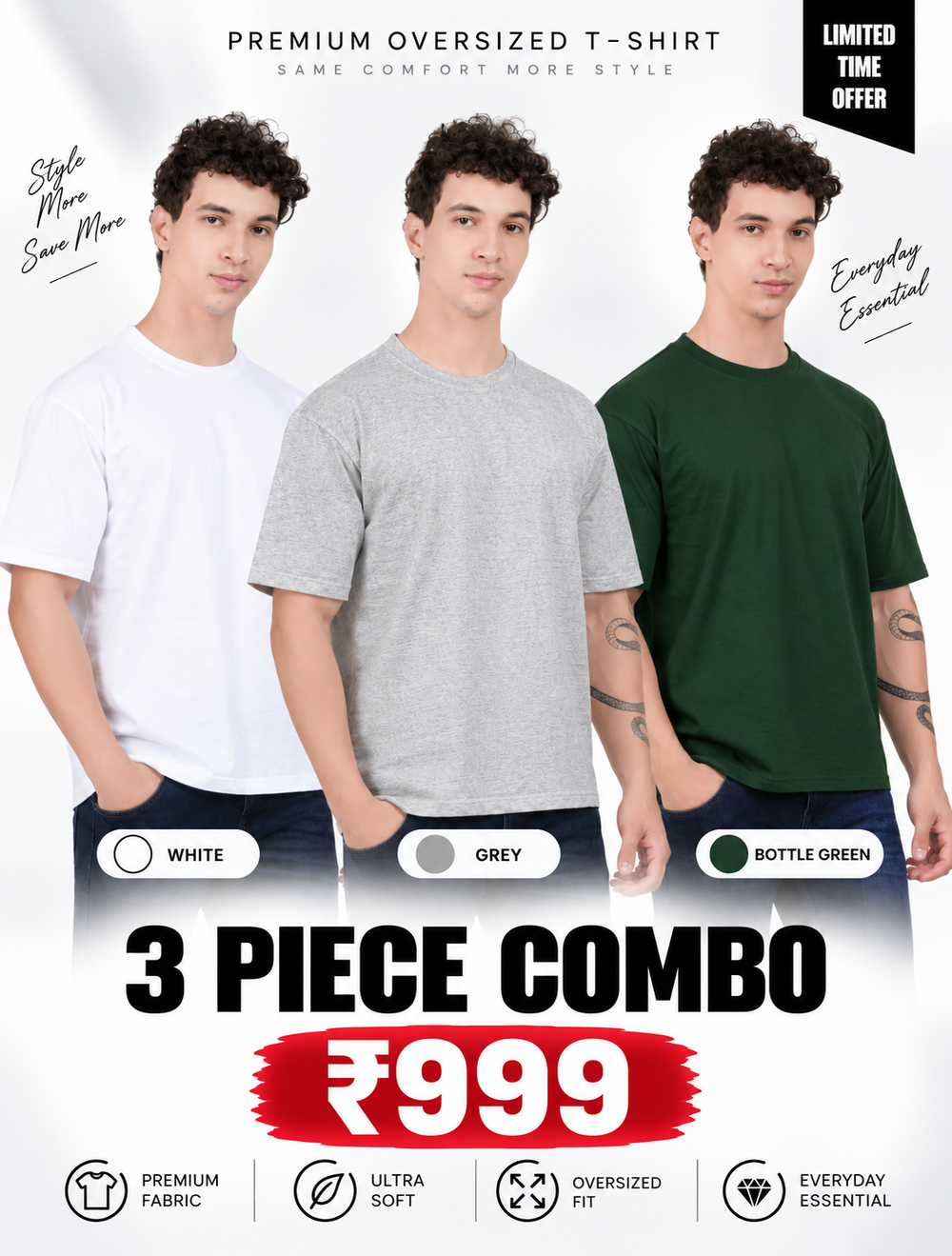 Pack of 3 Oversized T-Shirts for Men – Soft Cotton Combo Set (White,Gray,Green)
