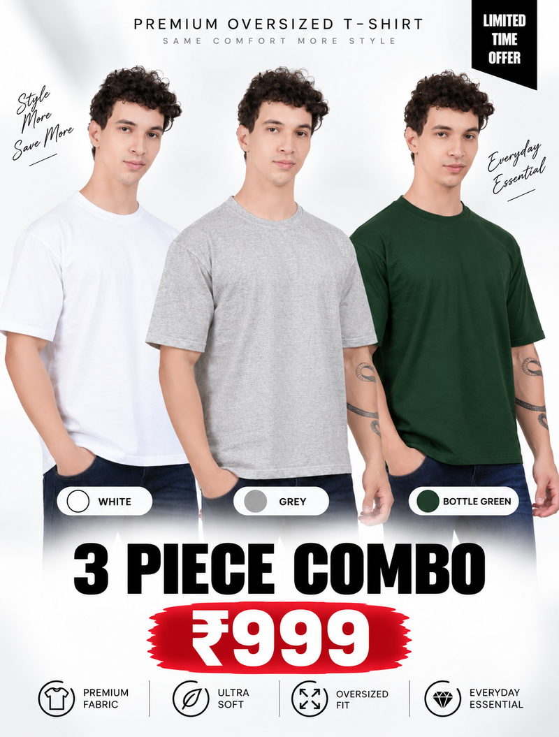 Pack of 3 Oversized T-Shirts for Men – Soft Cotton Combo Set (White,Gray,Green)